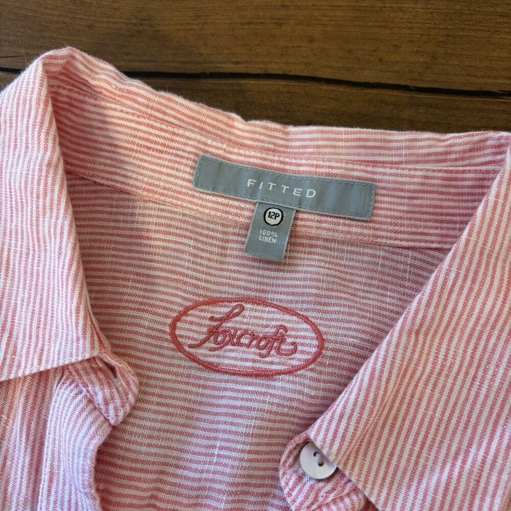 Foxcroft NYC Women’s 12P Linen Shirt Pink Striped Button Down Preppy Blouse Top - Picture 6 of 6
